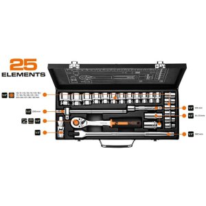 Набір головок Neo Tools 25шт, 1/2", CrV, металевий кейс (10-036)